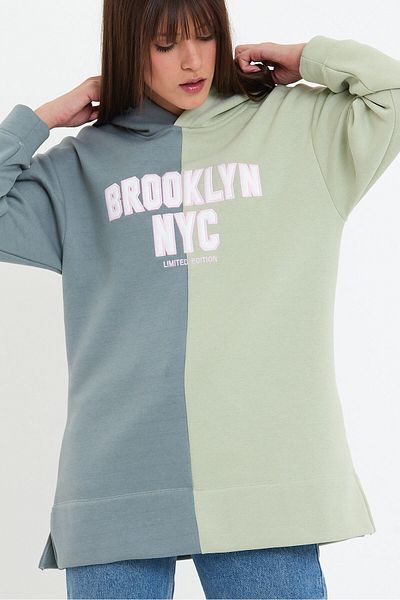 Avones Women's Embroidered Oversize 2 Color 3 Thread Raised Hooded Sweatshirt