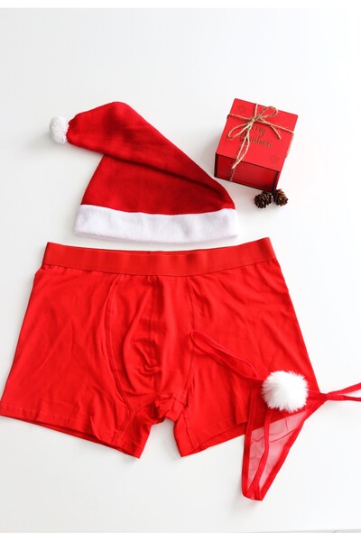 succy Yılbaşı Özel Kutusunda 2'li Noel Seti - Kırmızı Boxer Ponponlu Tanga