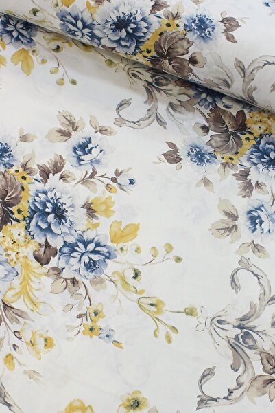 DECO Mavi Kahve Çiçek Demeti Nevresimlik Poplin Kumaş