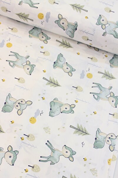 CAMELIA Yeşil Bambi Ceylan Nevresimlik Poplin Kumaş