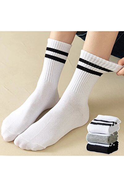 çorapmanya 3 Çift Kadın Siyah Beyaz Gri Çizgili Çizgisiz Kolej Tenis Çorap
