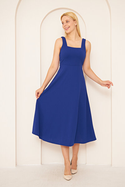 vuvutasarım Сакс Синя Еластична Крепова Тканина Товста Підвіска Дизайн Квадратний Комір Міді Сукня 086