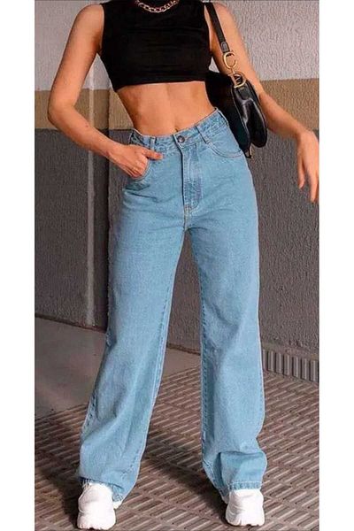 VivaJoy Blugi largi de damă, albastru, lycra, cu talie super înaltă, pantaloni Palazzo