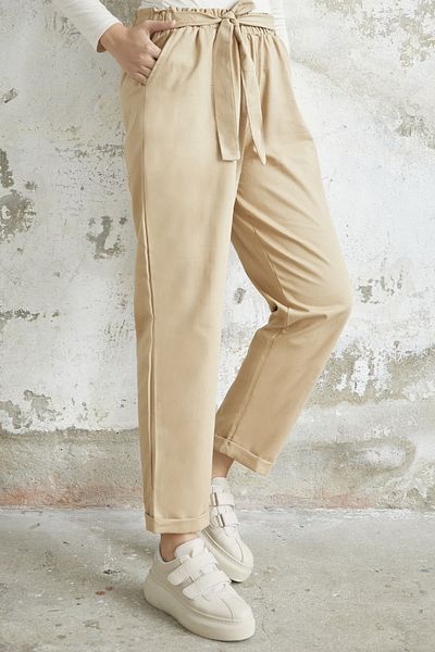 InStyle Norisa Belted Gabardine Carrot Trousers - Beige