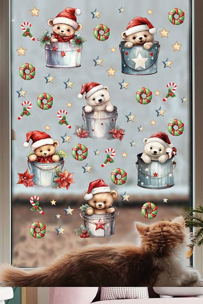 Sim Tasarım Christmas Care Bears New Year Party Decorative Glass Door Wall Sticker Set