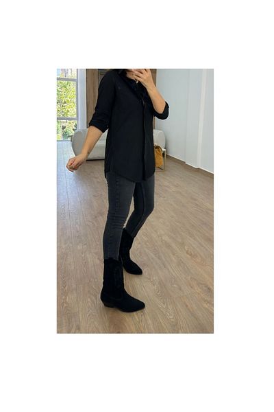 MADAME MELEK Cămașă de bază 100% bumbac cu fantă laterală - alb-negru