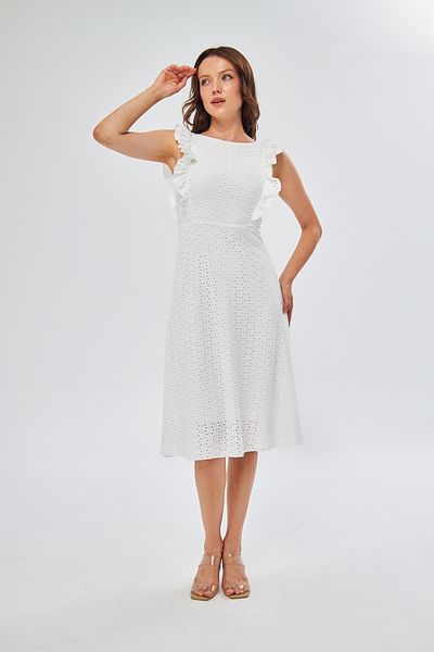 WOMAN VISION Rochie midi cu mâneci din stofă elastică albă Volant cu design detaliat căptușit 084
