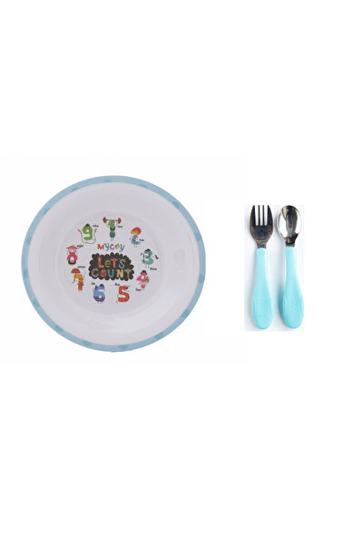 mycey Feeding Set (Melamine Plate + Stainless Steel Fork and Spoon Set)