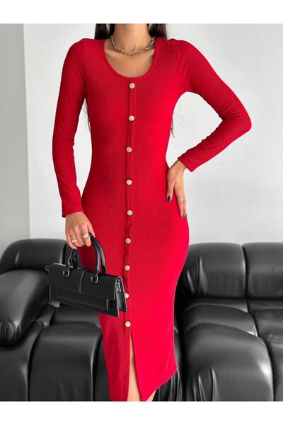 timagna Kırmızı Düğmeli Triko Elbise – Vücuda Oturan Uzun Kollu Midi Şıklık