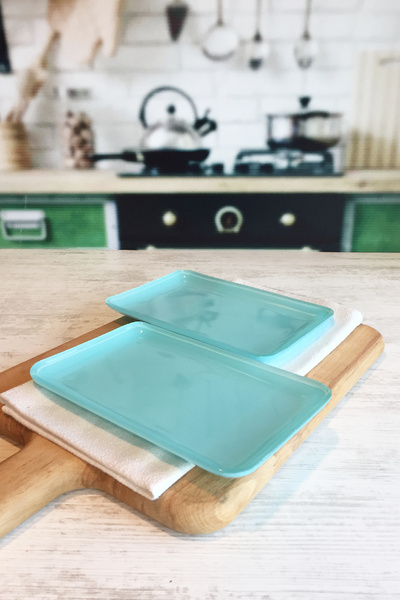 Sunu Mavi Renkli El Boyaması 2'li Cam Tabak Seti-14x21 cm