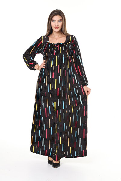 mervemoda Rochie de damă cu dungi negre cu mâneci lungi de catifea de înaltă calitate