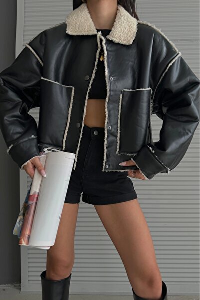 Eka Women's Black Plush Leather Coat 1009-2156