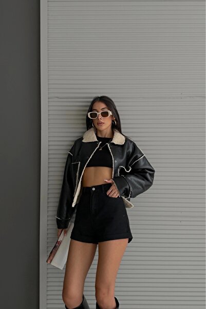 Eka Palton negru din piele de pluș de damă 1009-2156