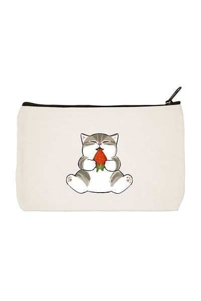 designedfy Strawberry Eating Cat Printed υφασμάτινη τσάντα μακιγιάζ, θήκη για στυλό, τσάντα, πορτοφόλι