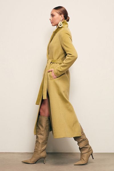 Sateen Belted Long Coat - Oil Green