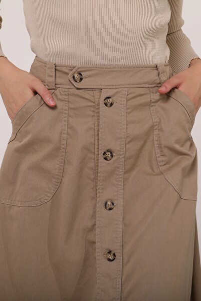 Atölye Güven Beige Gabardine 100% Cotton Buttoned Pocket Midi Bell Skirt