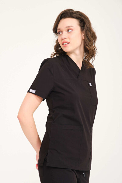 Pratik Medikal Scrub negru unisex - Lycra, guler plic, costum pentru medic și asistentă