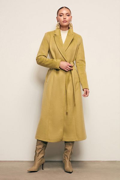 Sateen Belted Long Coat - Oil Green