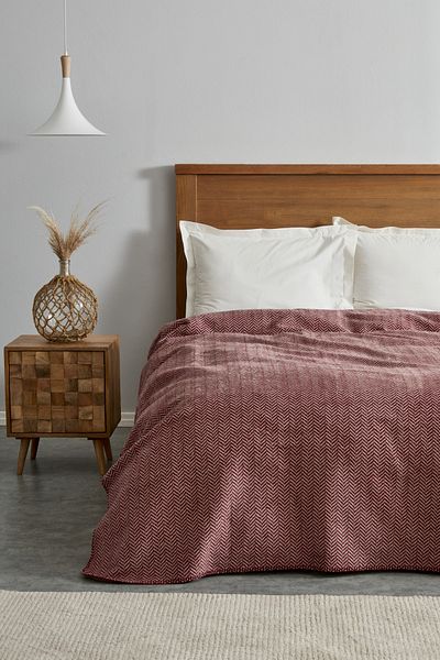 Karaca Home Herringbone Patterned Sandra Cotton Blanket - Double, Claret Red