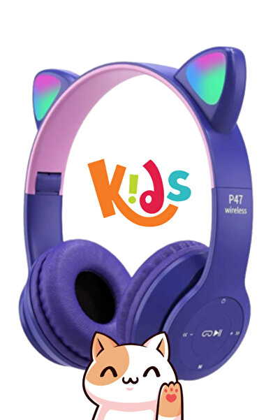 OWWOTECH P47m Işıklı Bluetooth Kulaklık 5.0 Kablosuz Katlanabilir Kedili Kulaklık Parti Işıklı Kulaklık-mor