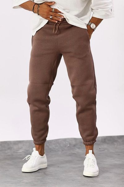 MADZEYMODA Men's 3 Thread Raised Leg Elastic Brown Sweatpants