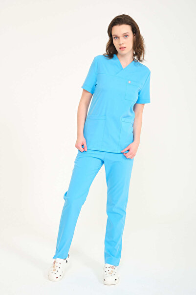 Pratik Medikal Unisex Lycra Scrubs - Baby Blue, Φάκελος γιακάς, Σετ Doctor Nu...