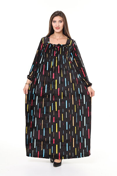 mervemoda Rochie de damă cu dungi negre cu mâneci lungi de catifea de înaltă calitate