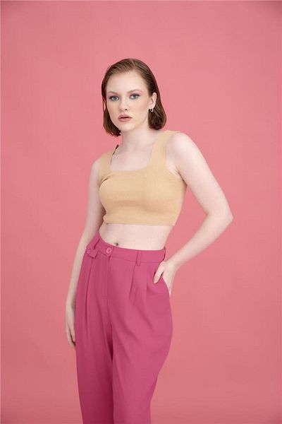 Avrile Camel Square Collar Women's Tank Top