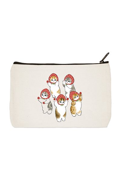designedfy Strawberry Hat Cats Printed υφασμάτινη τσάντα μακιγιάζ, θήκη για στυλό, τσάντα χειρός, πορτοφόλι