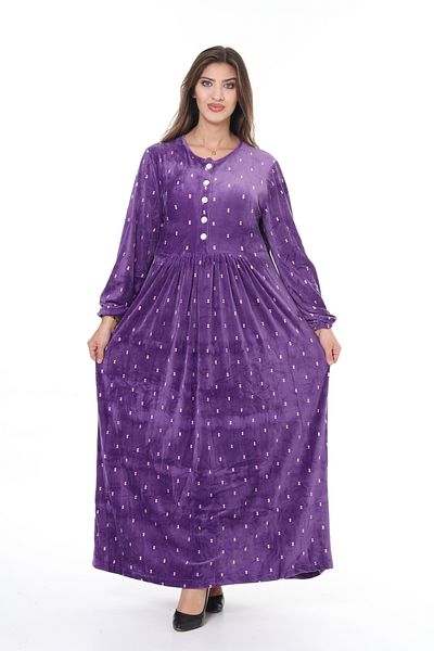 mervemoda Women's Purple-pointed imported velvet plus size long-sleeved dress high quality soft texture fabric