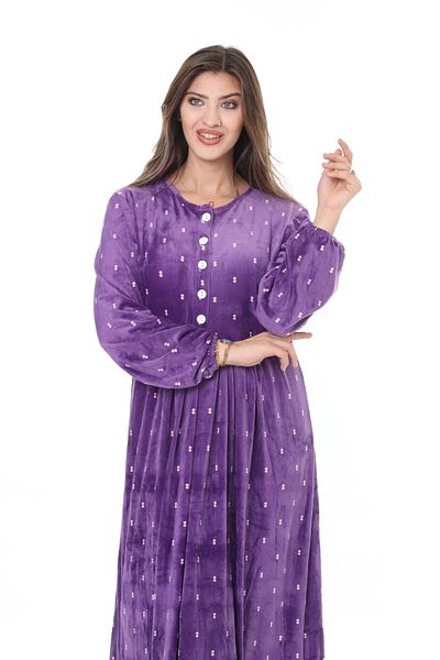 mervemoda Women's Purple-pointed imported velvet plus size long-sleeved dress high quality soft texture fabric