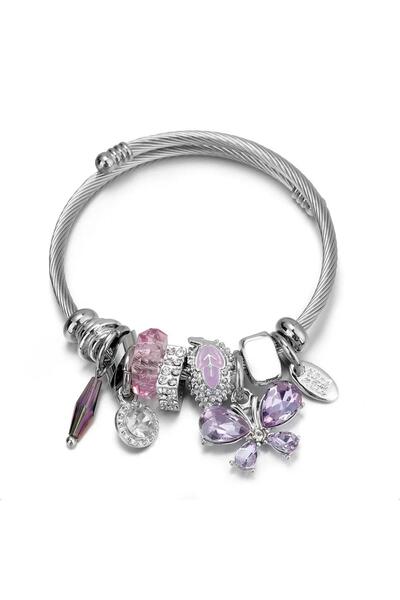 Jeros Accessories Lila-Mor Kristal Kelebek Charmlı Çelik Bileklik