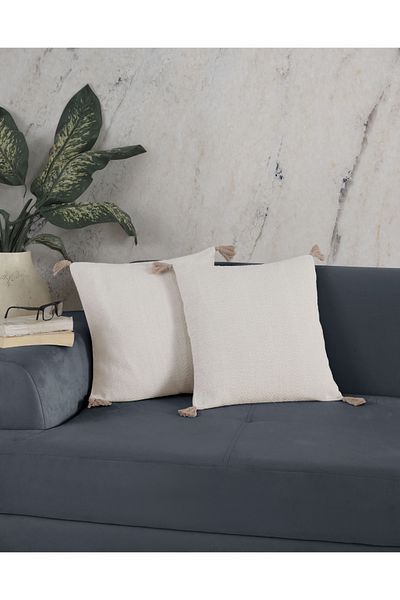 Lux Touch Husa de perna Bergama Ecru Bej Pompon - 45x45 cm Perna cu ciucuri cu fermoar