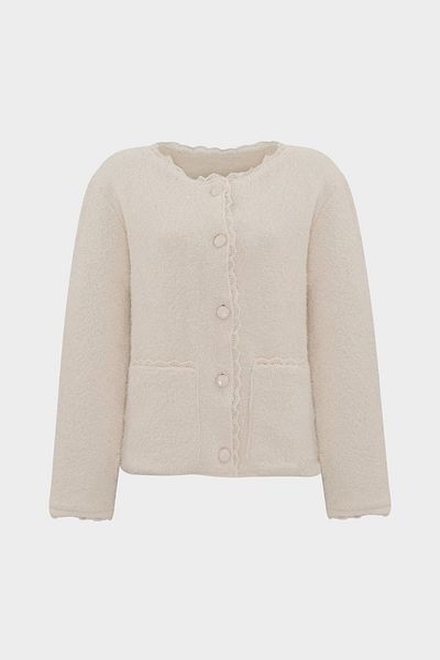 Açelya Okcu Premium Lace Detailed Teddy Women's Wool Knitwear Cardigan with Pockets