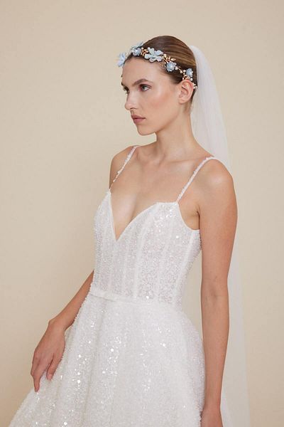 MK MODA ATELİER Accesoriu pentru păr Coroana de mireasă din aur cu flori albastre