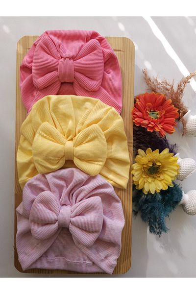 SeherBebeButik Baby Girl & Child Colorful Bow Bonnet Set of 3