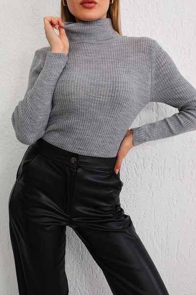 BİKELİFE Grauer dehnbarer Rollkragenpullover aus Lycra für Damen