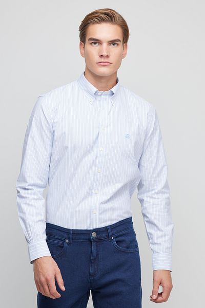 BROOKS BROTHERS Ανδρικό πουκάμισο με μπλε ριγέ βαμβακερή λεπτή εφαρμογή χωρίς σίδερο
