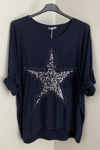 AYASOFYA OTANTIK Kadın İtalyan Lacivert Yuvarlak Yaka Pul Payet Yıldız İşleme...