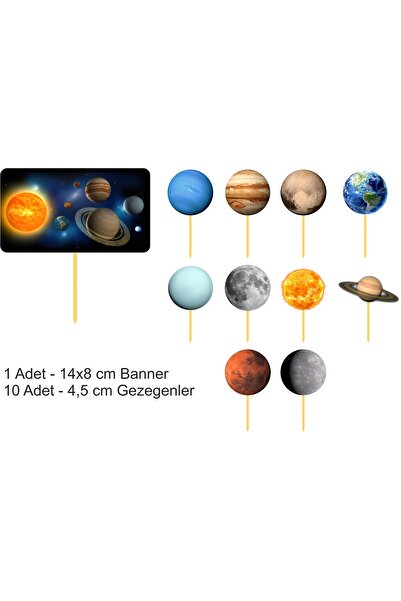 Atölye7Tasarım Gezegenler 11 Adet Özel Kesim Hazır Pasta Kürdanı Üstü Süsü HD...