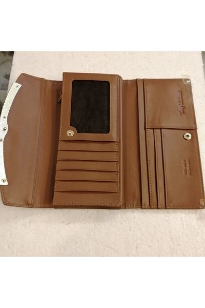 Tony Bellucci Women's Genuine Leather Tan Printed 3 Wide 1 Zipper 3 Hidden 1 Transparent 7 Card Eyes Snap Wallet