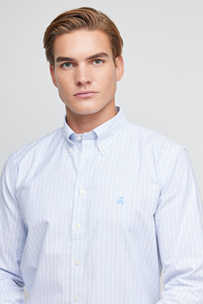 BROOKS BROTHERS Erkek Mavi Çizgili Pamuklu Slim Fit Non-Iron Gömlek
