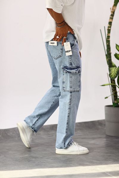 MADZEYMODA Ανδρικό τζιν τζιν Cargo Pocket ανοιχτό μπλε