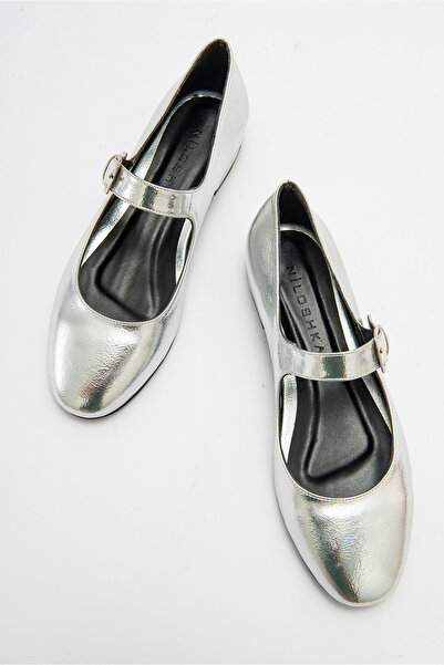 Niloshka CLARA Silver Metallic Round Shape Buckle Casual Ballerina Women's Shoes