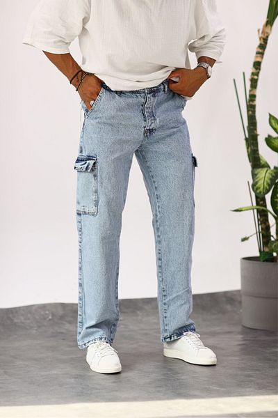 MADZEYMODA Ανδρικό τζιν τζιν Cargo Pocket ανοιχτό μπλε