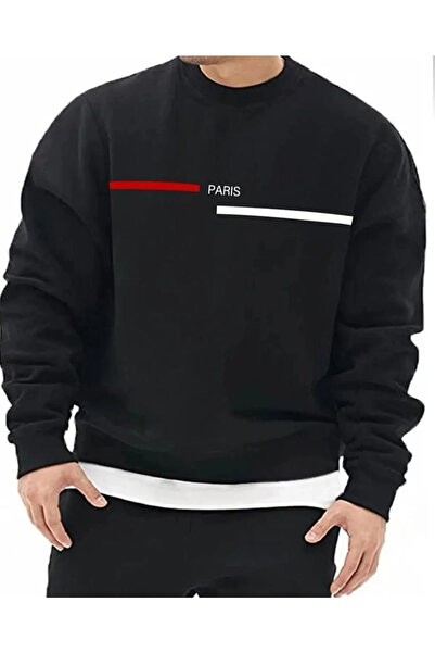 Genel Markalar Siyah Oversize Paris Şerit Baskılı Pamuklu Kapşonsuz Bisiklet Yaka Unisex Sweatshirt paris0yaka