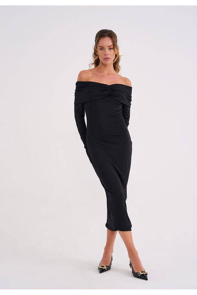 La Sarta Bellagio Kadın Düşük Omuzlu Siyah Jarse Elbise