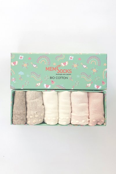 MEM SOCKS 6'lı Organik Pamuklu Kaydırmaz Çocuk/Bebek Çorabı Özel Kutulu