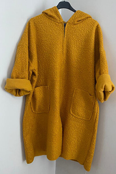 AYASOFYA OTANTIK Kadın Italyan Hardal Kapşonlu Fermuarlı Cepli Uzun Oversize ...