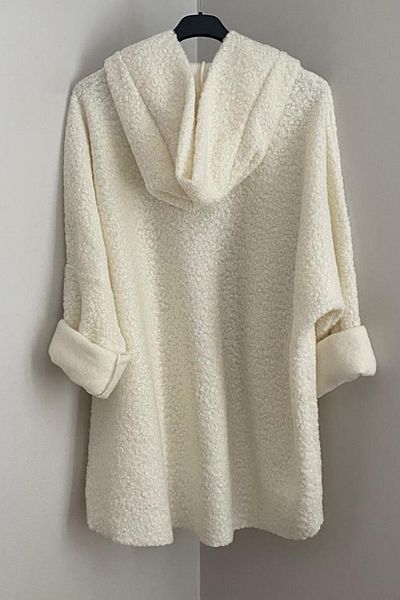 AYASOFYA OTANTIK Women's Italian White Hooded Short Boucle Coat with Zipper Pockets